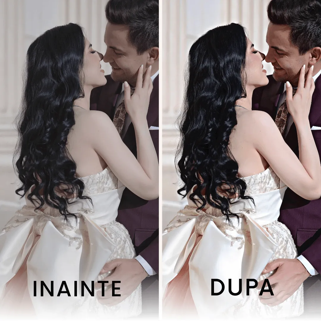 Procesul de editare in photoshop al unui cuplu de miri, zambind, pe punctul de a se saruta
